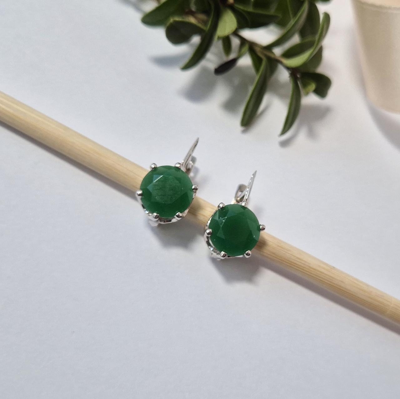 Сережки амалія з великим зеленим каменем імітація хризопраз срібло 925 проби родоване 3,92 г (2857рс)