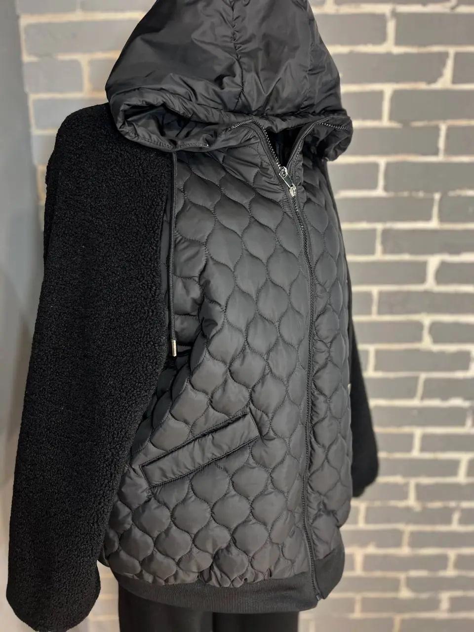 Куртка женская DARK SNOW 2355 стеганая ркува искусственный мех с капюшоном увеличенные размеры р. 56 Черный (1315) - фото 7