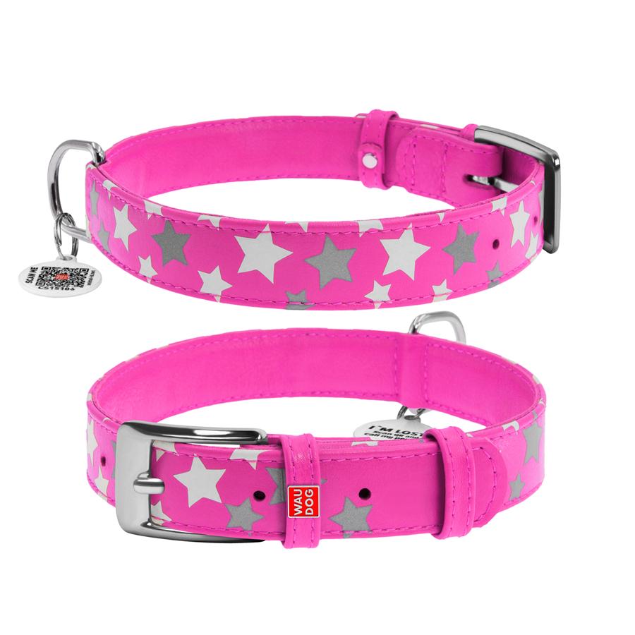 Ошейник для собак с QR-паспортом Waudog Glamour Звездочка кожаный светящийся/светоотражающий L 25 мм 38-49 см Pink (35877) - фото 1 Ошейник для собак с QR-паспортом Waudog Glamour Звездочка кожаный светящийся/светоотражающий L 25 мм 38-49 см Pink (35877) - фото 1