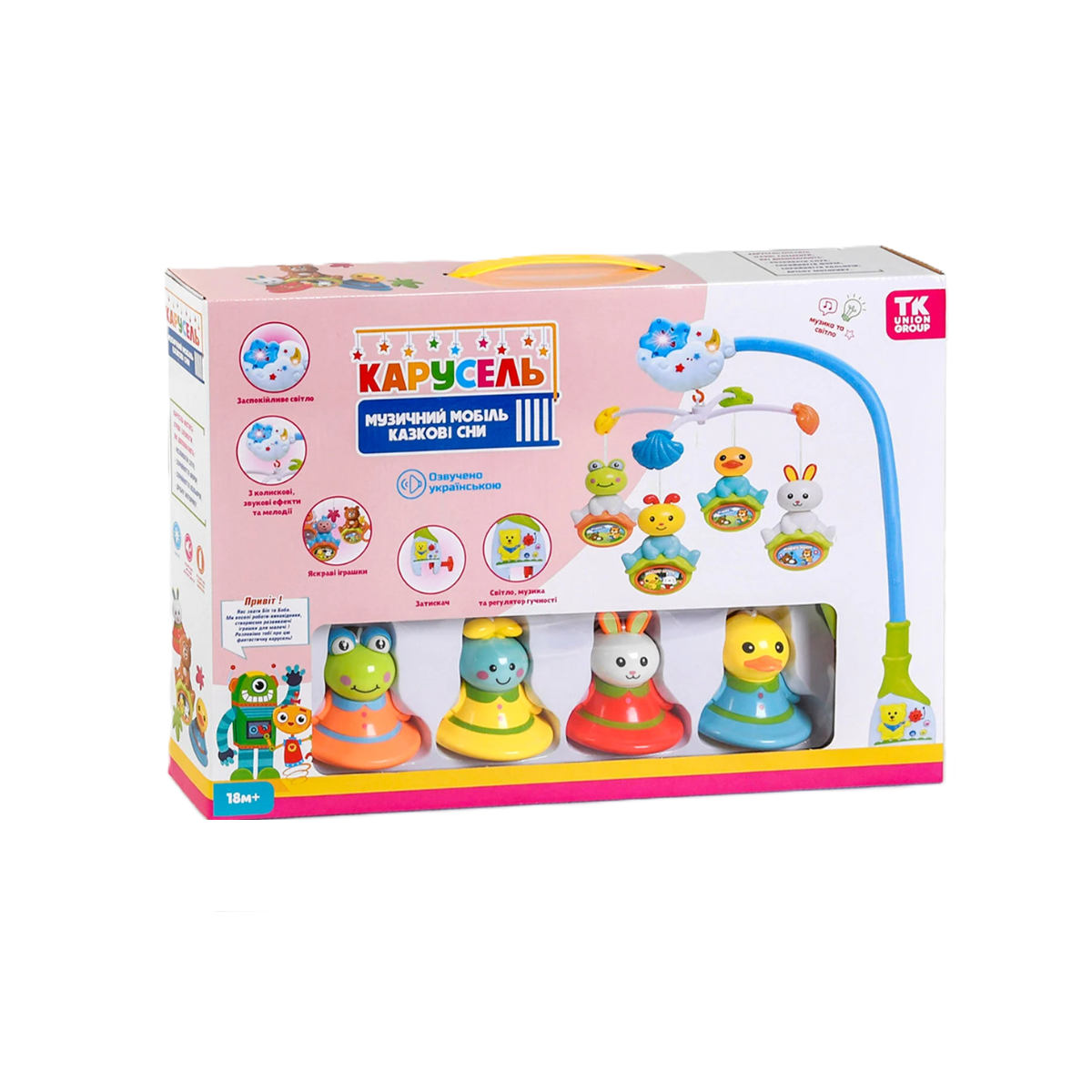 Мобиль TK Group 29238/18 Карусель на украинском языке/4 подвески погремушки/вращания/подсветки/6 мелодий/в коробке (25442439)