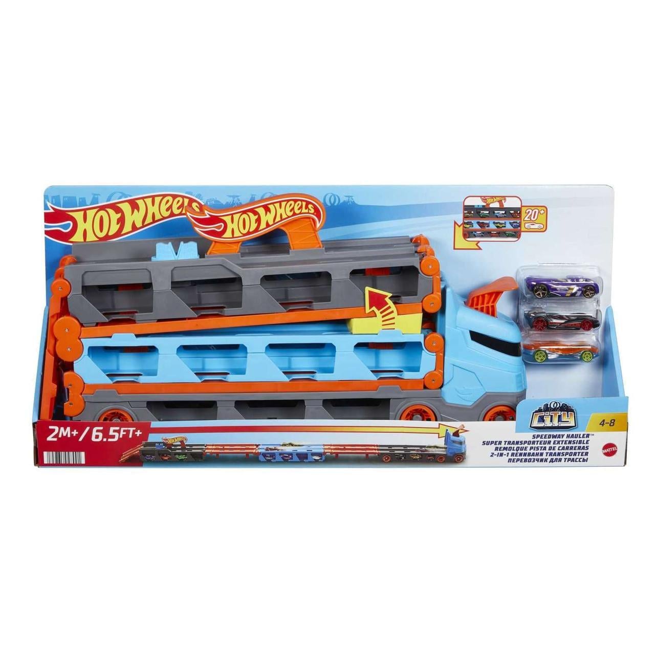 Трек автовоз Hot Wheels Speedway Hauler Storage Carrier Грузовик транспортер на 20+ машинок с 3ма машинками в комплекте (HGH33)