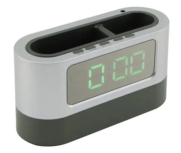Годинник настільний 038 з підставкою для ручок від мережі та батарейок Сірий - фото 6