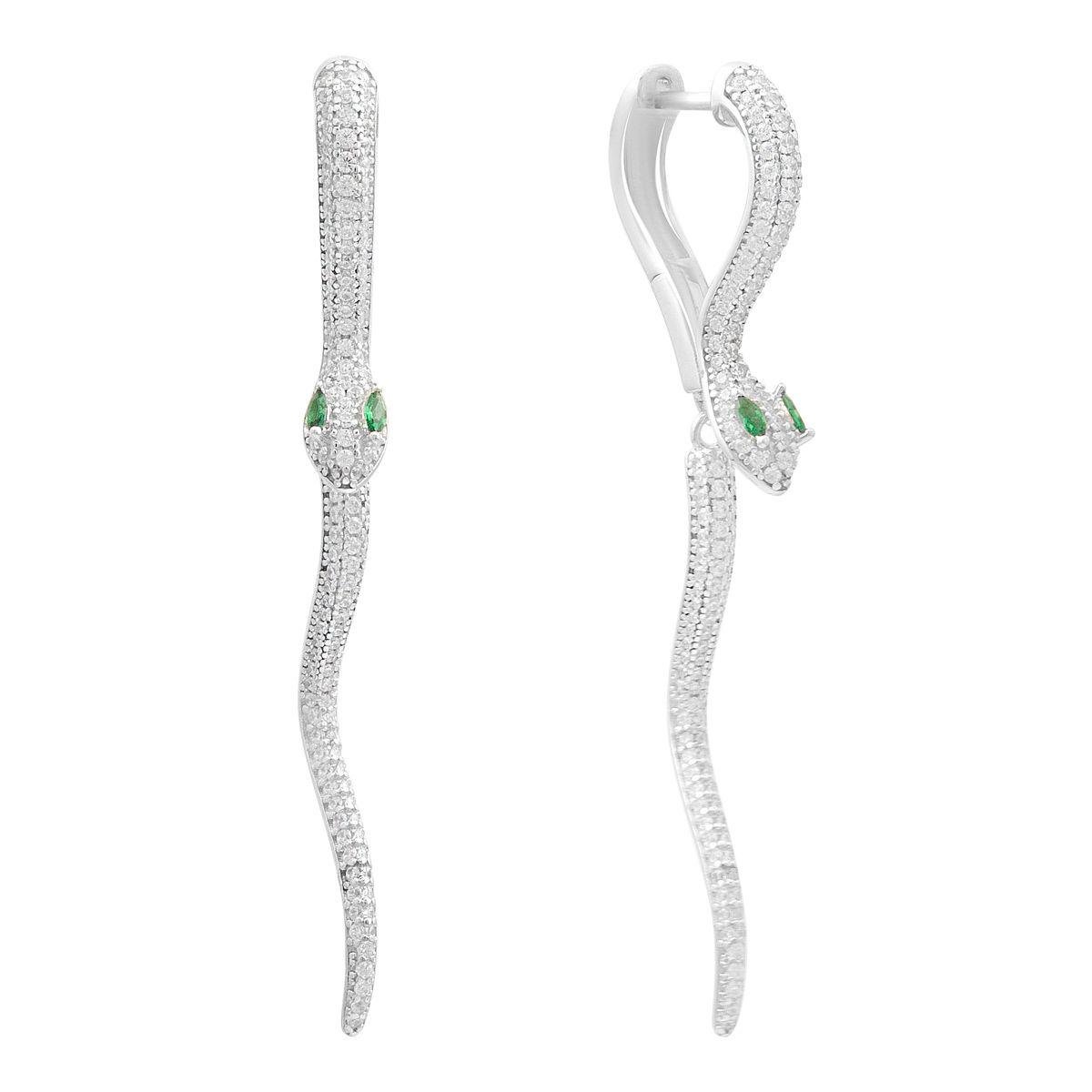Сережки срібні у формі змії з вигнутою лінією та вставкою фіанітів