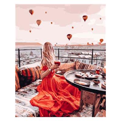 Набор для росписи по номерам Strateg Девушка в красном в Каппадокии 40х50 см (mt)