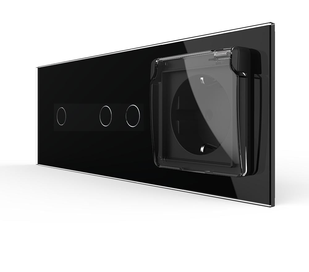 Выключатель сенсорный Livolo 3 сенсоры 1-2 с розеткой/крышкой IP44 с заземлением/шторками стекло Черный Выключатель сенсорный Livolo 3 сенсоры 1-2 с розеткой/крышкой IP44 с заземлением/шторками стекло Черный