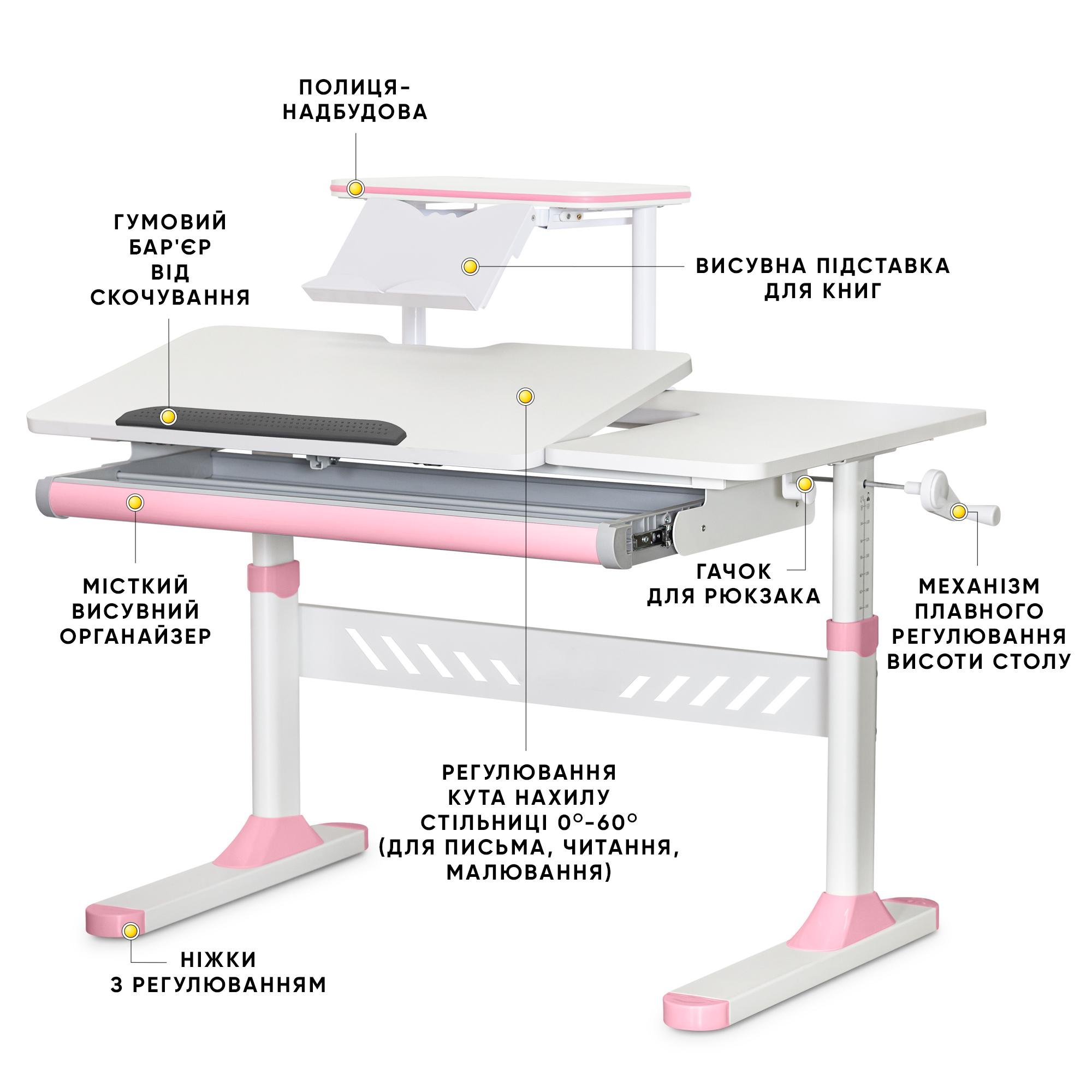 Парта трансформер шкільна ергономічна Evo-kids TH-310 W/PN з полицею Рожевий - фото 2 Парта трансформер шкільна ергономічна Evo-kids TH-310 W/PN з полицею Рожевий - фото 2