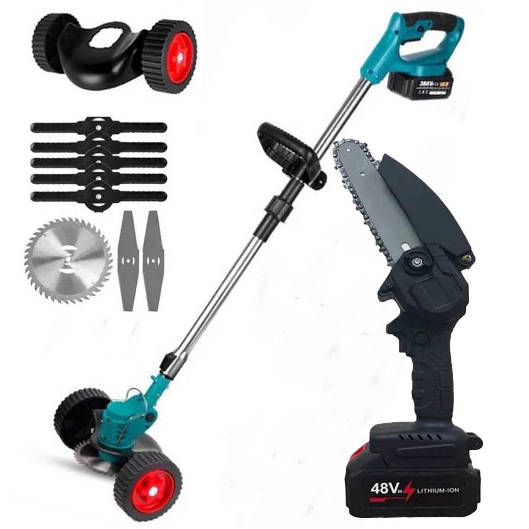 Набор аккумуляторный для сада газонокосилка-триммер 38V с колесами и мини пилка для обрезки деревьев 48V - фото 3 Набор аккумуляторный для сада газонокосилка-триммер 38V с колесами и мини пилка для обрезки деревьев 48V - фото 3