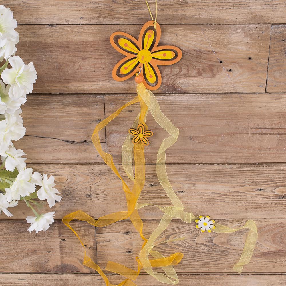 Подвеска Ромашка деревянная с лентами Оранжевый (1230-1)