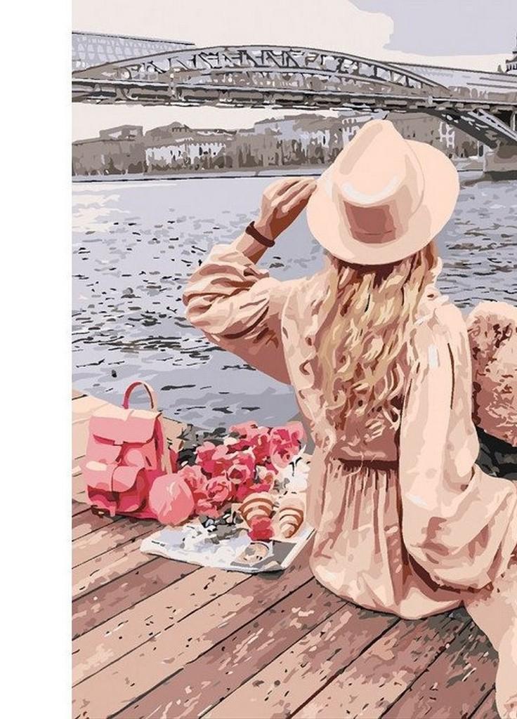 Картина по номерам Strateg Города Люди Девушка с медведем у моста 40х50 см в коробке (VA-1560КС-mt)