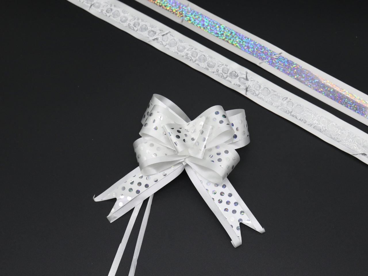 Бант подарунковий на затяжках оздоблений малюнком Білий (BN-623-9)