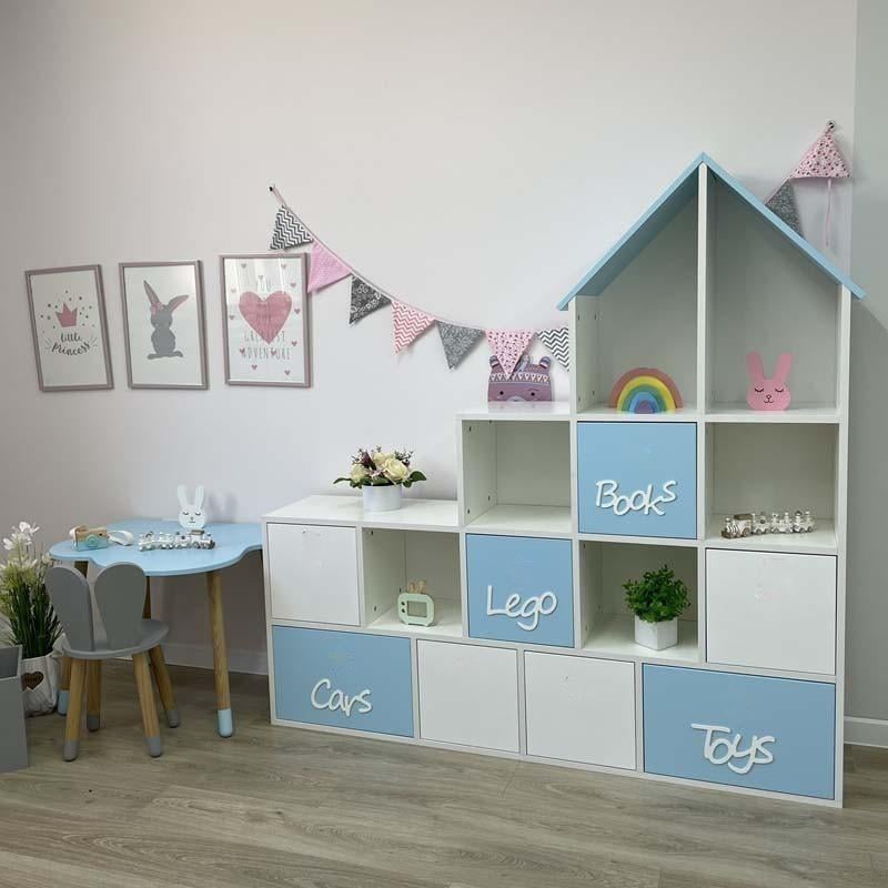 Дитячий стелаж для іграшок Замок 8 ящиків 14 осередків Блакитний з білим