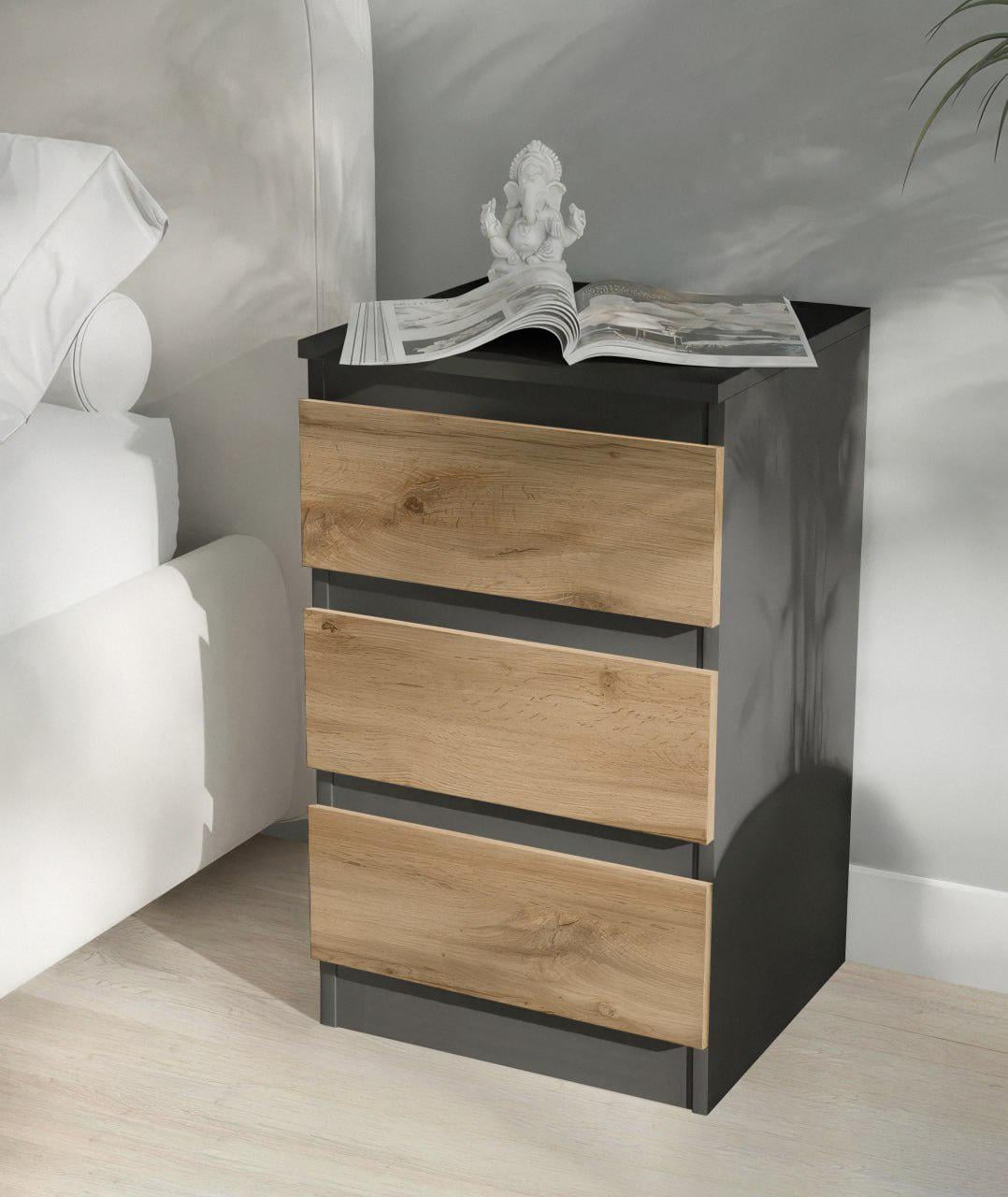 Тумба прикроватная на 3 ящика FT-216 400x398x758 мм Антрацит/Дуб Аппалачи