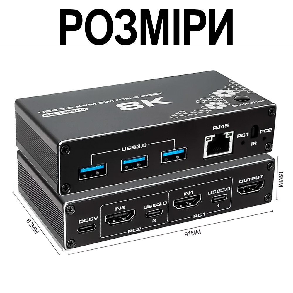 Світч на 2 комп'ютери 8K HDMI KVM Addap KVMS-03 /USB 3.0 перемикач на 2 порти RJ45 Ethernet 8K 30Hz 4K 120Hz - фото 9 Світч на 2 комп'ютери 8K HDMI KVM Addap KVMS-03 /USB 3.0 перемикач на 2 порти RJ45 Ethernet 8K 30Hz 4K 120Hz - фото 9