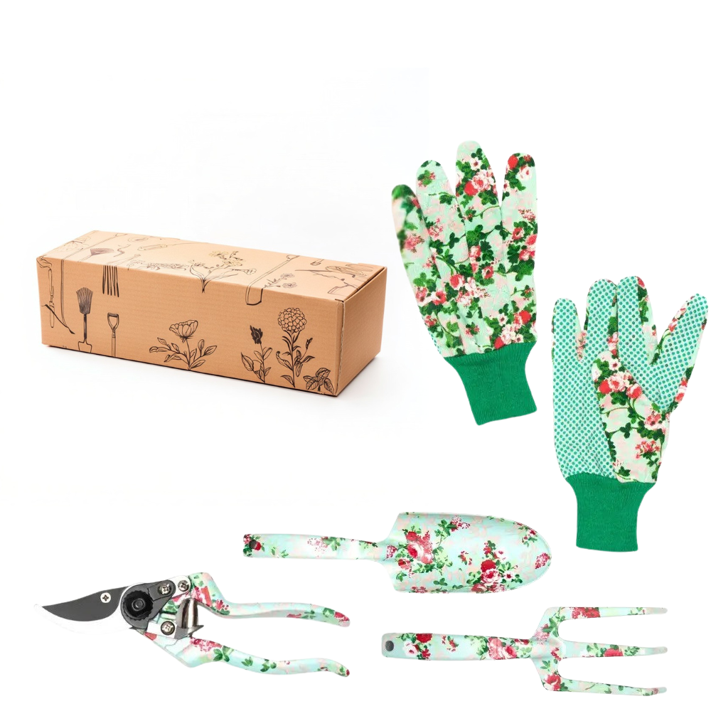 Комплект садових ручних інструментів рукавички ножиці/граблі/лопатка з 4 предметів