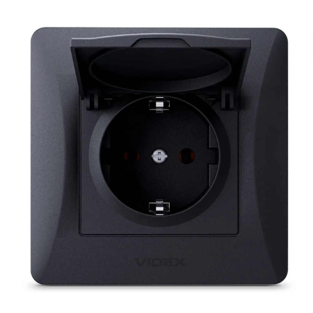 Розетка одинарна врізна із заземленням з кришкою Videx 86x86 мм Чорний (RO1505)