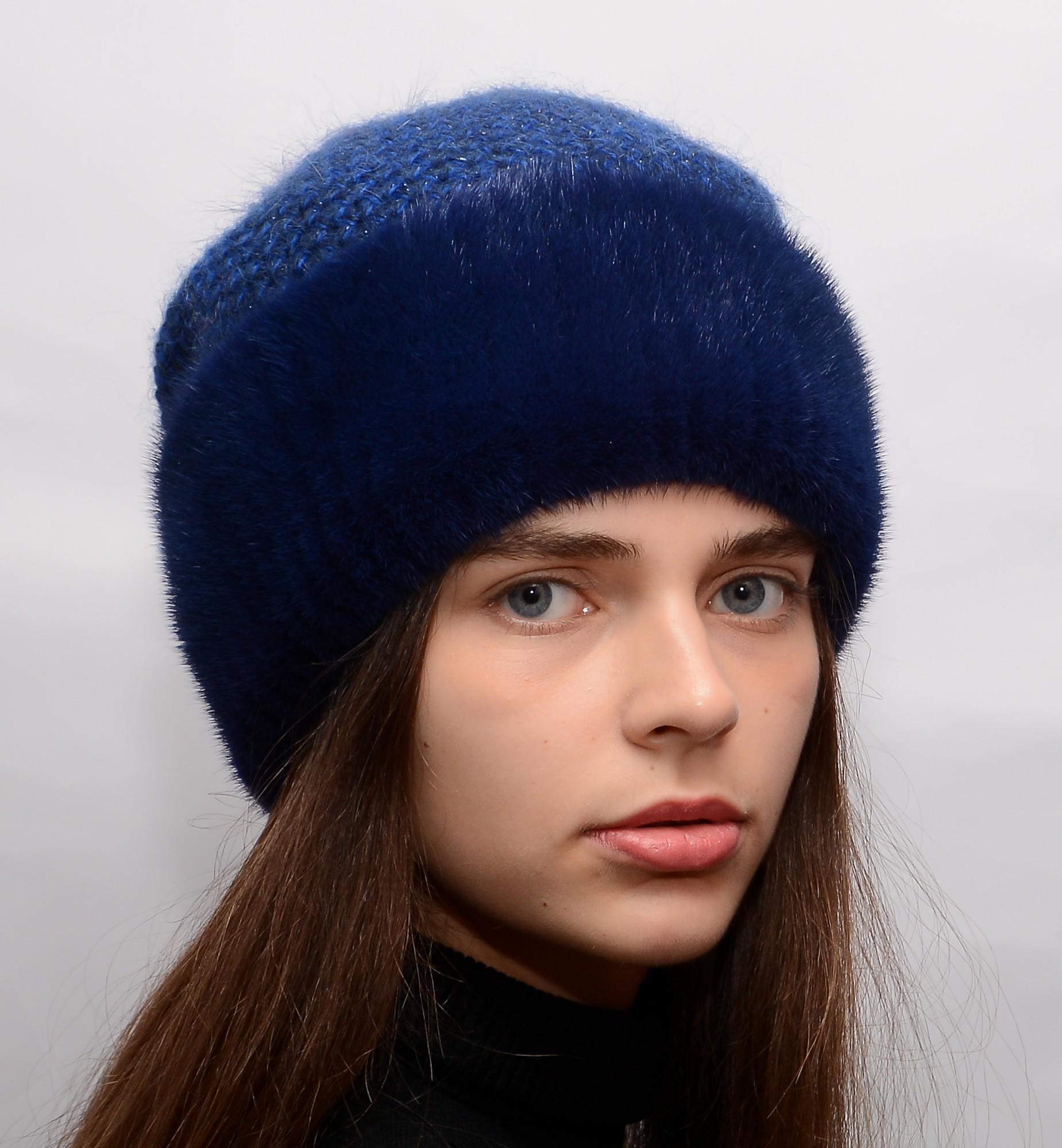 Зимова жіноча шапка Хутряний стиль Соти з в'язаної натуральної норки Синій (130/K)