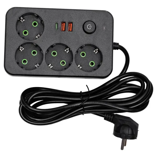 Фильтр-удлинитель сетевой на 4 евро розетки и 3 USB входа 2 USB-A и 1 Type-C 5 м с нагрузкой до 2500 Вт Черный (HP-5-48)