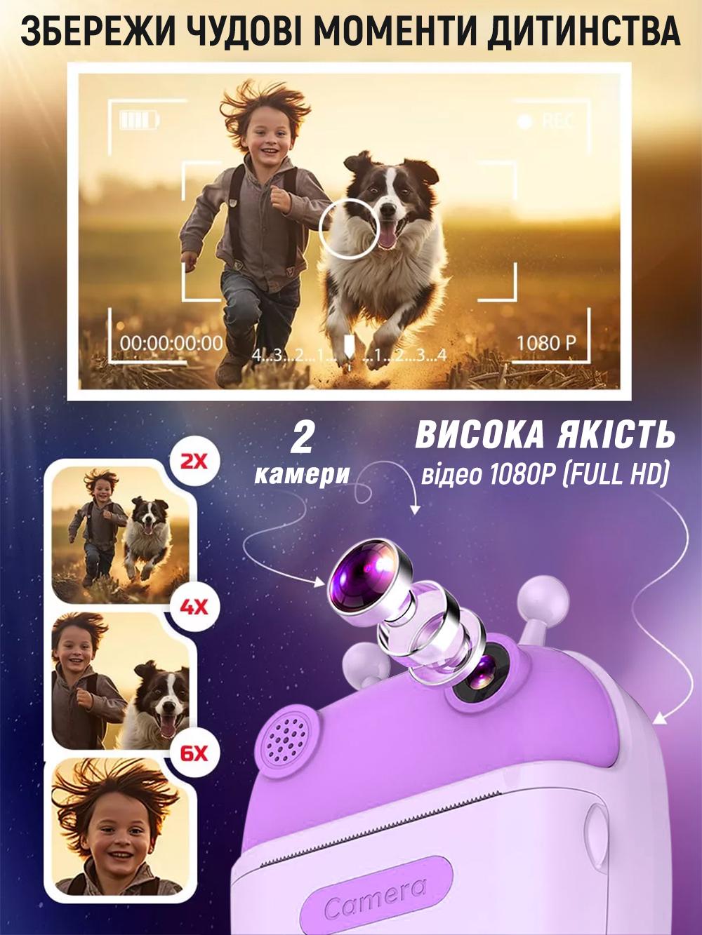 Фотоаппарат детский с моментальной печатью 2,4" + 2 рулона бумаги питания от USB Фиолетовый (7598b482) - фото 7
