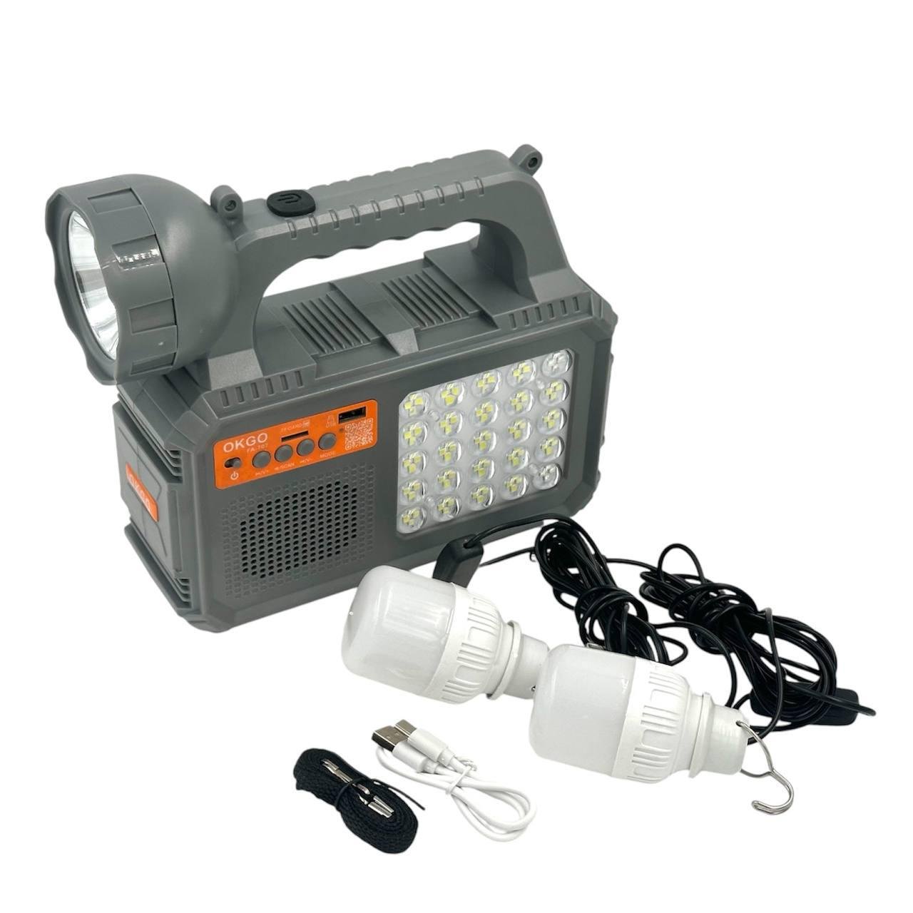 Солнечная зарядная станция OKGO с павербанком/фонариком/2 лампамы до 25 часов/FM-радио и колонкой (FA-707)