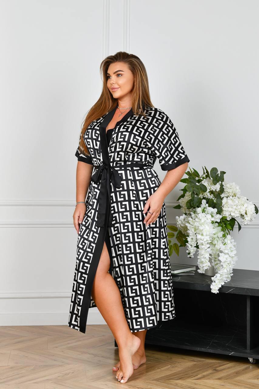Халат шовковий жіночий довгий F2F-6532k р. 50/52 Чорний з білим (6532) - фото 2 Халат шовковий жіночий довгий F2F-6532k р. 50/52 Чорний з білим (6532) - фото 2