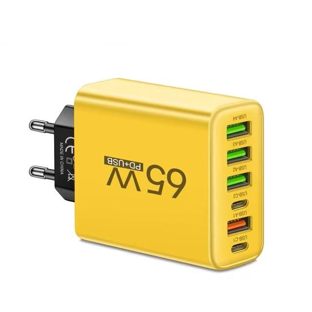 Блок живлення мережевий 65 Вт/4-USB + 2-Type-C адаптер для зарядки Жовтий