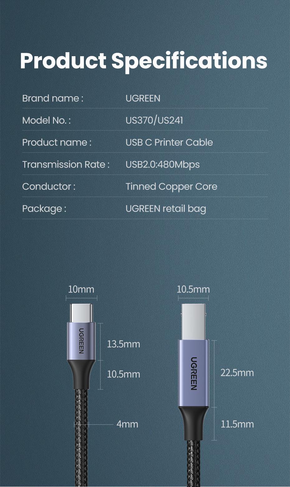 Кабель USB-C USB-B 2.0 UGREEN 480 Мбіт/с нейлонове обплетення USB type-B 2.0 2 м Чорний (45106) - фото 7 Кабель USB-C USB-B 2.0 UGREEN 480 Мбіт/с нейлонове обплетення USB type-B 2.0 2 м Чорний (45106) - фото 7