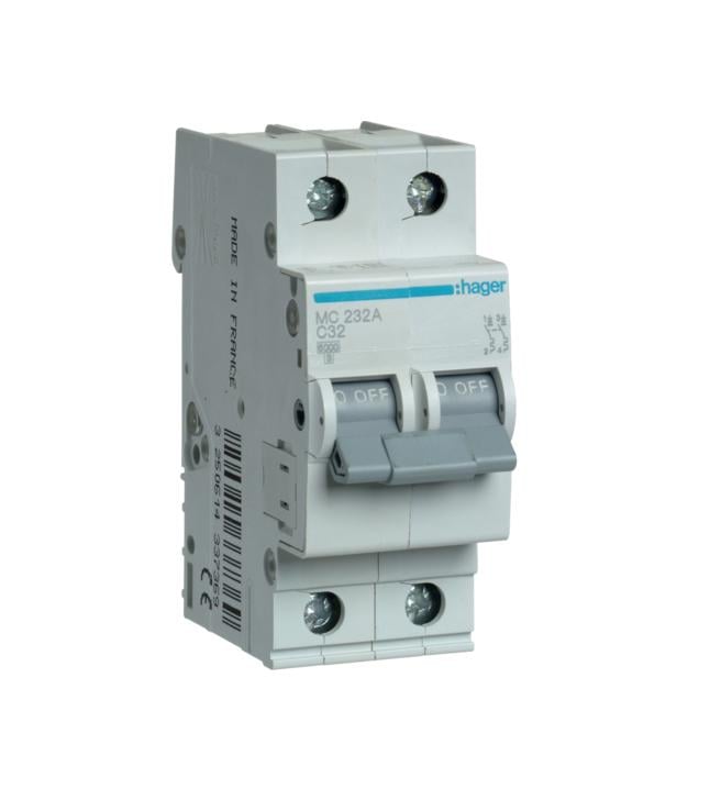 Автоматический выключатель Hager 2P 32A C 6 kA MC232A 2M