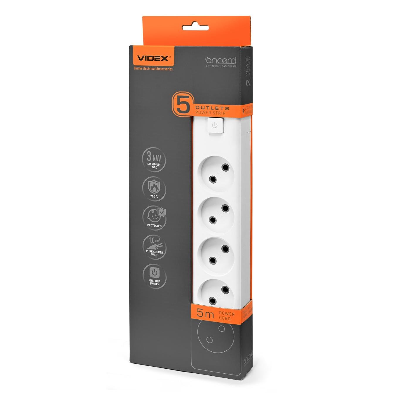 Удлинитель Videx ONCORD 5 гнезда с кнопкой и шторками 5 м Белый (VF-PD55-W)