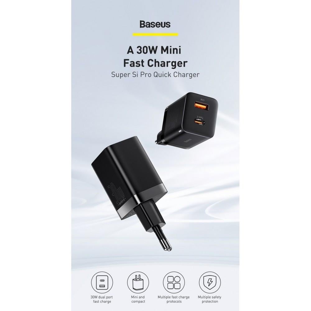 Зарядний пристрій мережевий Baseus Super Si Pro Quick Charger Type-C/USB 30W Black (25397607) - фото 8 Зарядний пристрій мережевий Baseus Super Si Pro Quick Charger Type-C/USB 30W Black (25397607) - фото 8