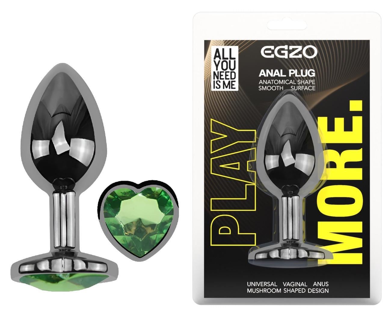 Анальная пробка с кристаллом EGZO Dark Silver Heart Plug Green M (2897669901)