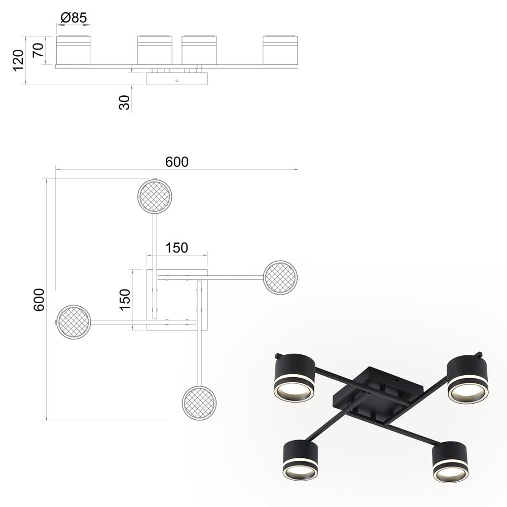 Люстра ESLLSE Гела на 4 лампи GX53 R 600x600x120 мм Чорний (151-10517-01) - фото 4