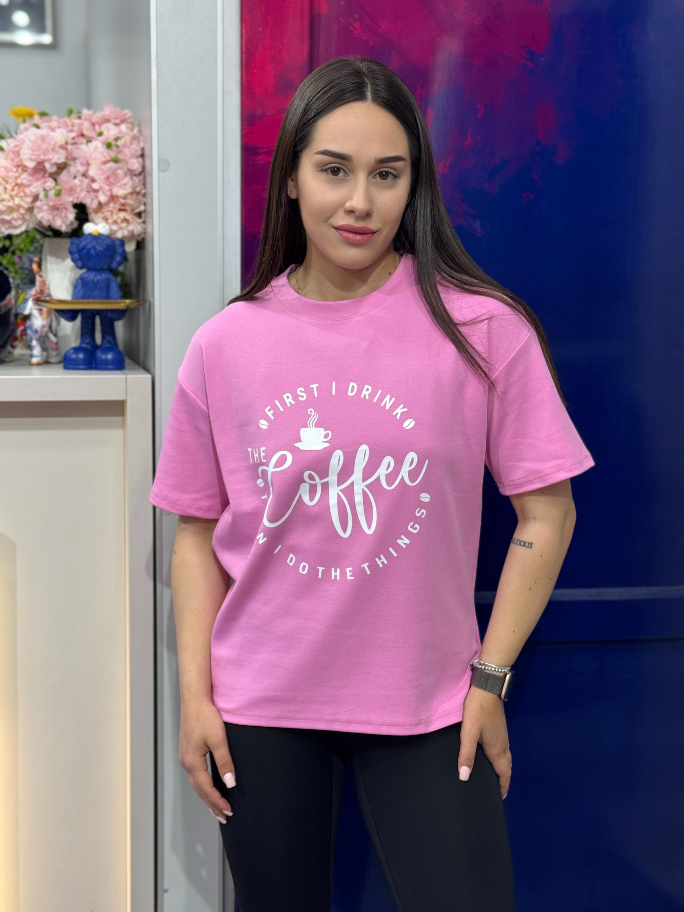 Футболка женская с кофейным принтом OS Розовый (#27006-03)