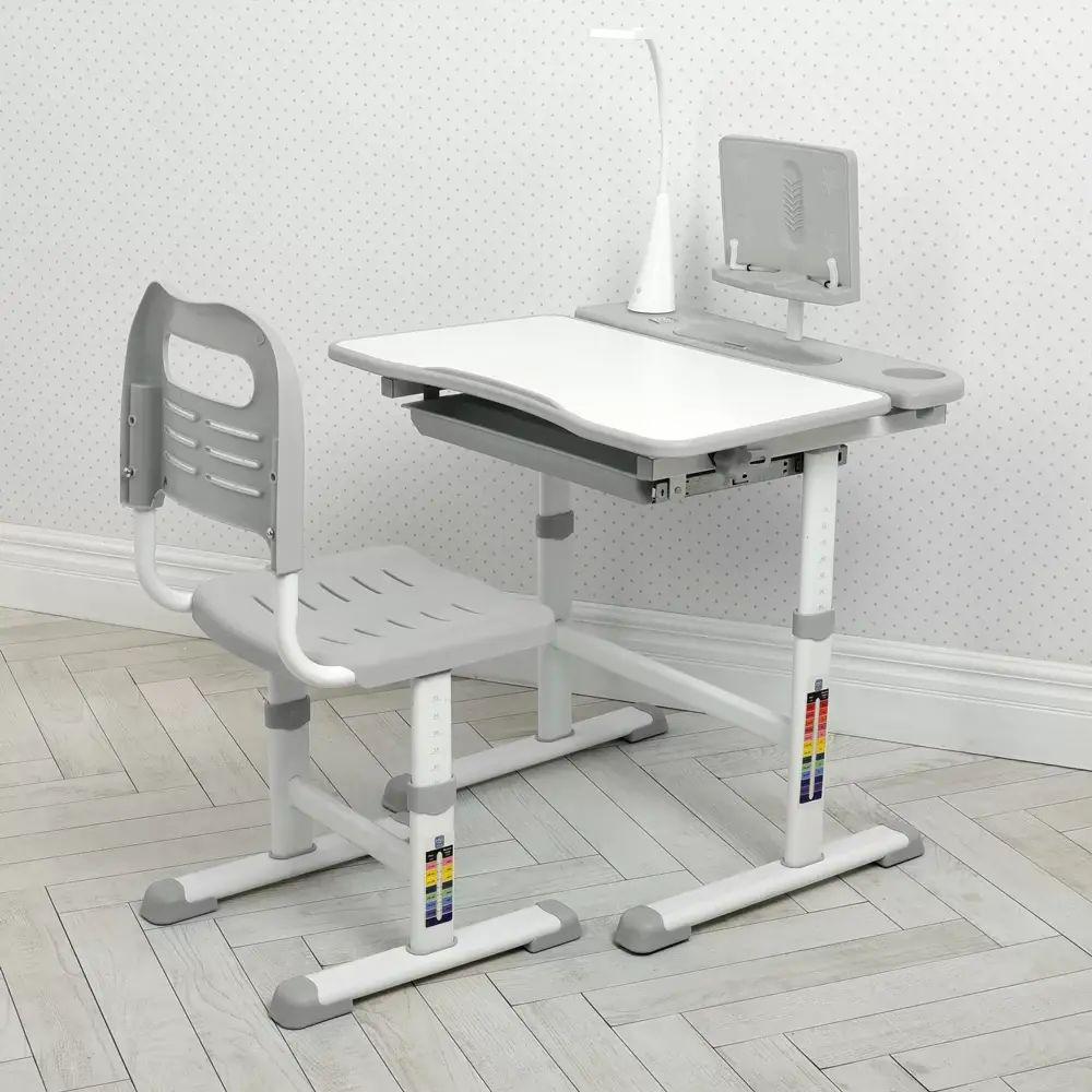 Парта детская регулируемая со стульчиком/лампой/подставкой для книг/ростовой шкалой пластиковая 70x56 см Белый (opt-105808)