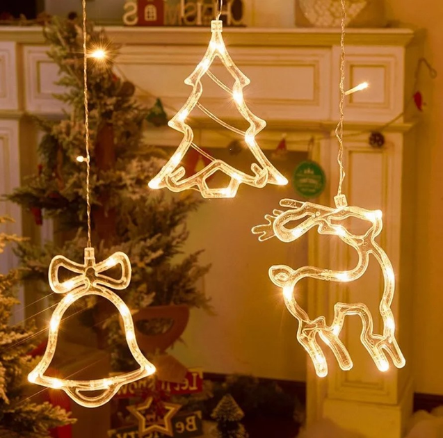Гирлянда рождественская светодиодная Олень звезда елка и колокольчик 4 шт.