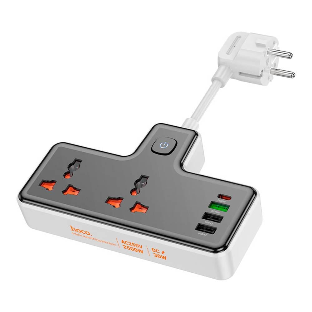 Фільтр мережевий Hoco AC12A на 2 розетки/3 USB/USB-C 30W 220В кабель 1 м Box Black (33061)