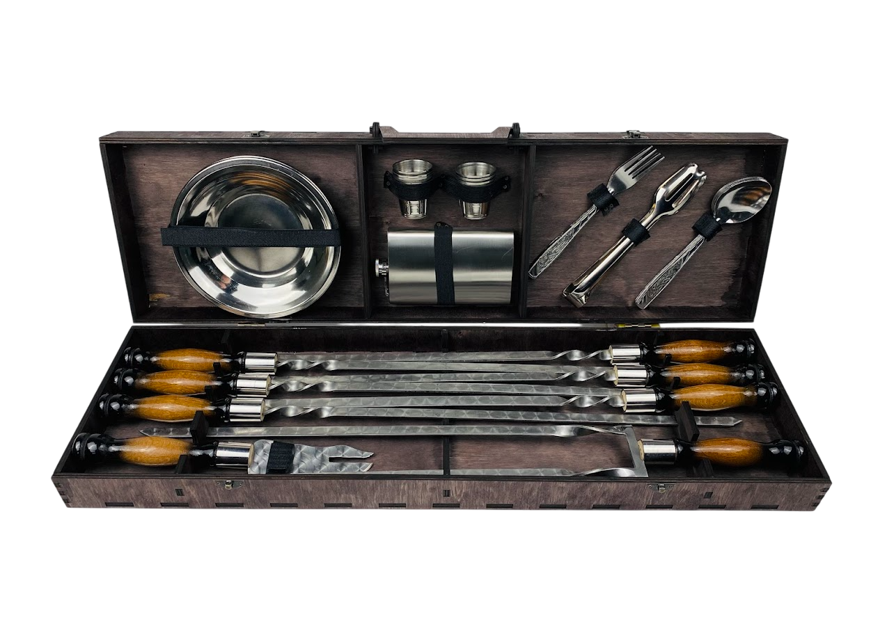 Набор шампуров ручной работы Вуд для пикника на 34 предмета из нержавеющей стали в кейсе из фанеры Черный (124-10-NB-3008)