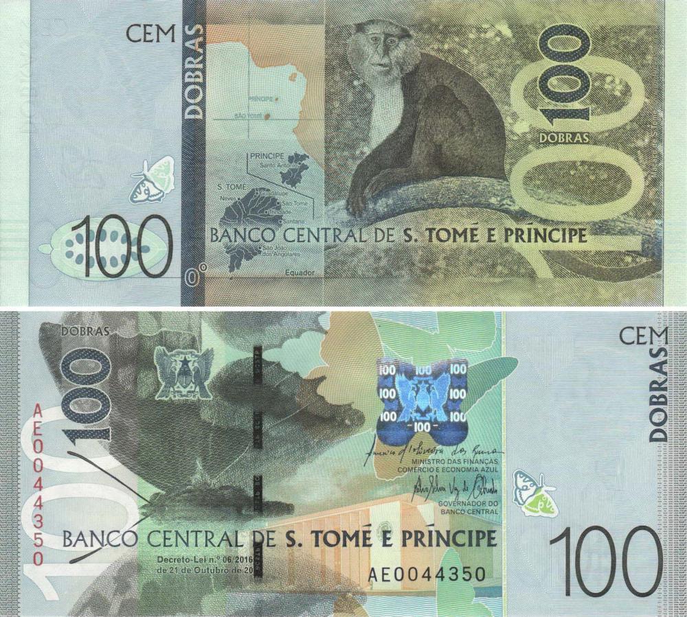 Коллекционная банкнота Сан-Томе и Принсипи 100 добр 2018 UNC Фауна-Бабочка Обезьяна P74 (Б09328)