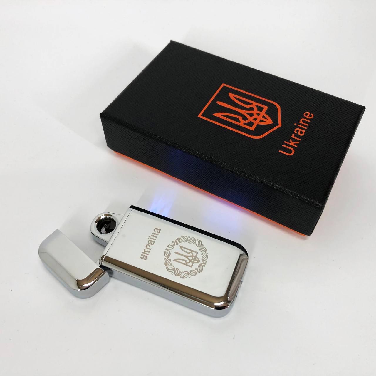 Зажигалка дуговая электроимпульсная зажигалка /USB Герб Украины индикатор заряда/фонарик Серебряный (HL-442) - фото 8