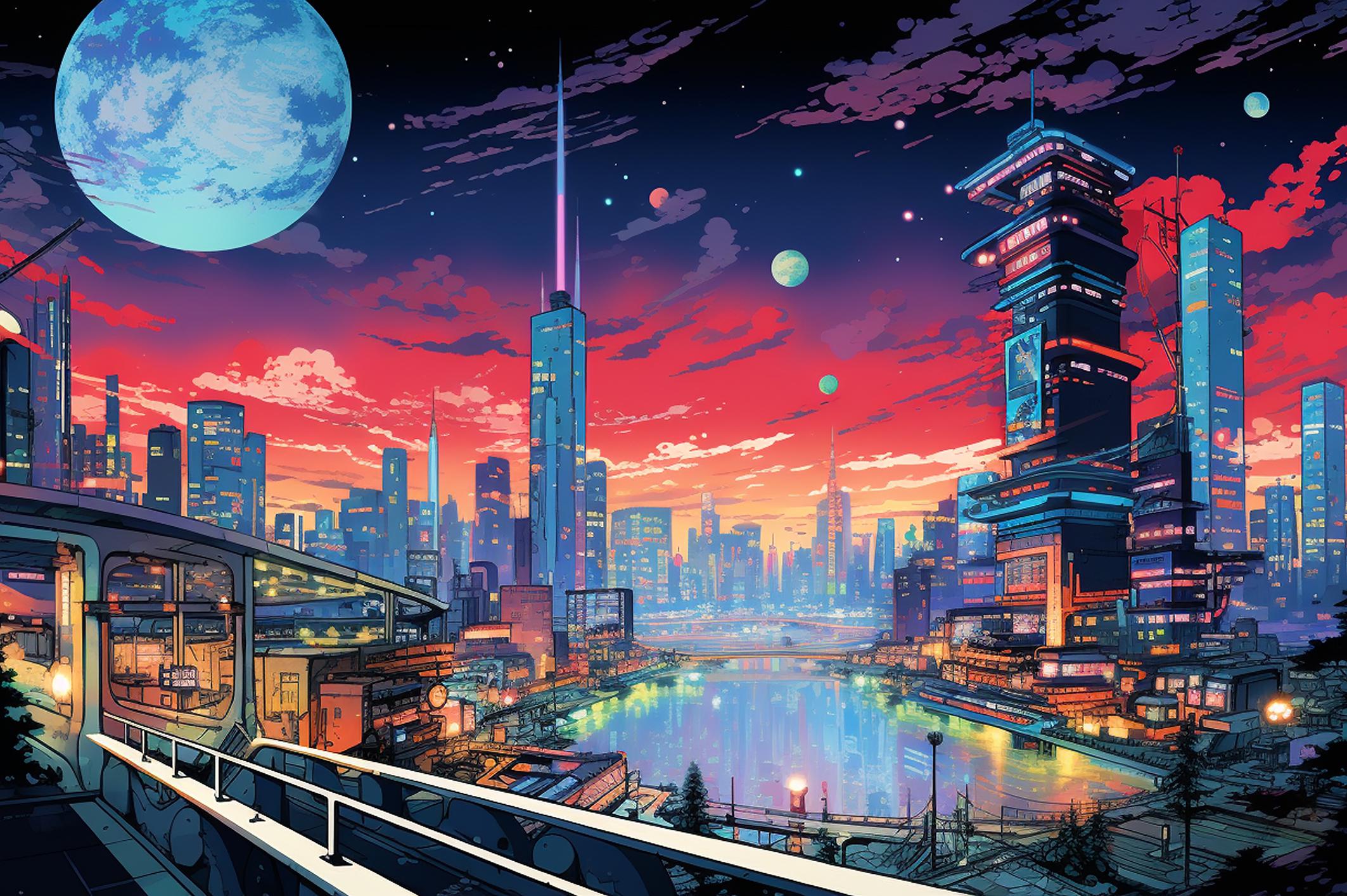 Фотообои флизелиновые Upstream Городской пейзаж вдохновленный аниме 345х230 см (SPF-147/6)