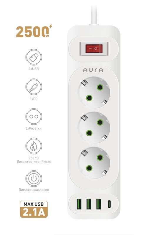 Фильтр-удлинитель сетевой Aura Energy 3/3 USB-A/USB-C PD 2 м White - фото 2