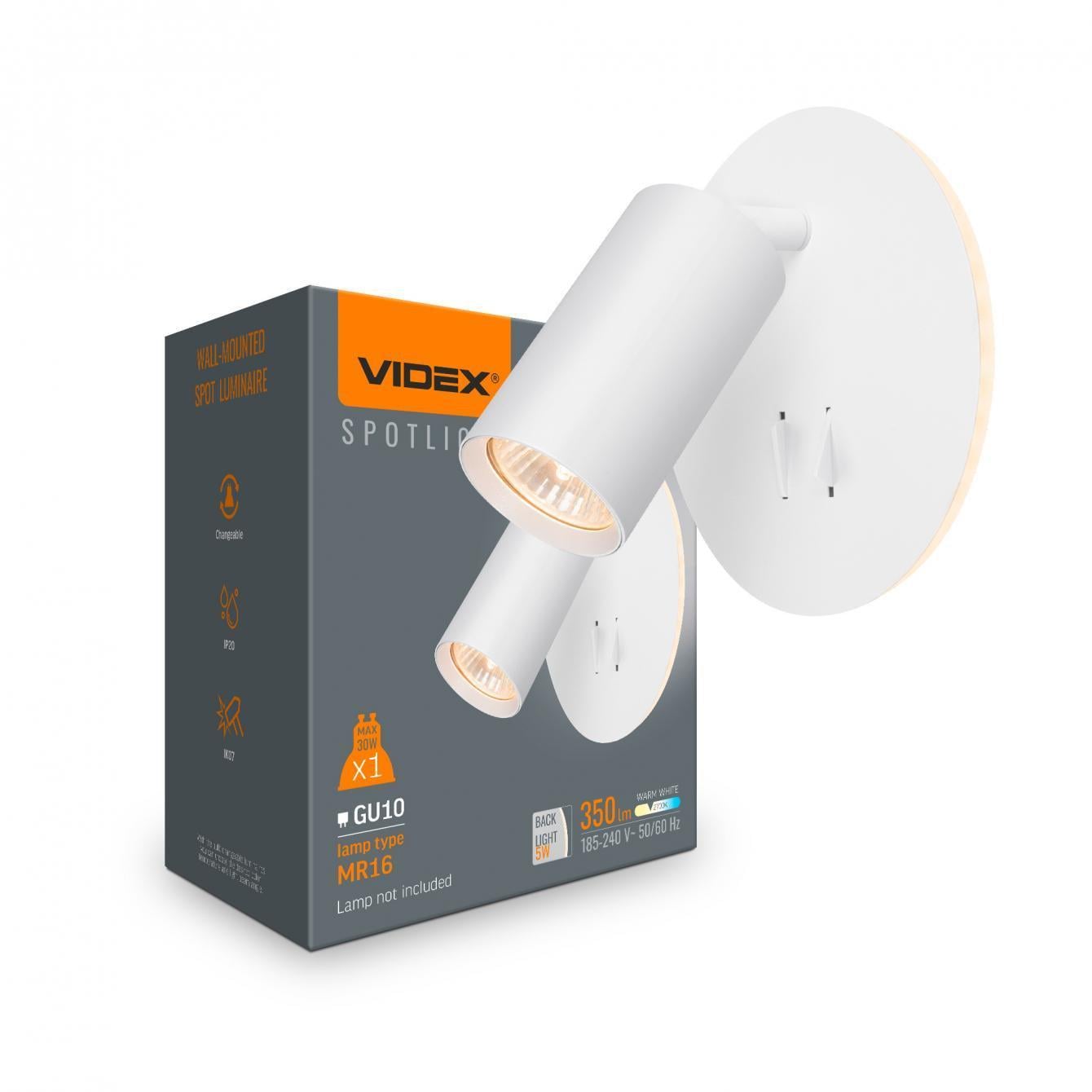 Спот Videx под лампу GU10 с подсветкой и кнопкой Белый (VL-SPF24E-W)