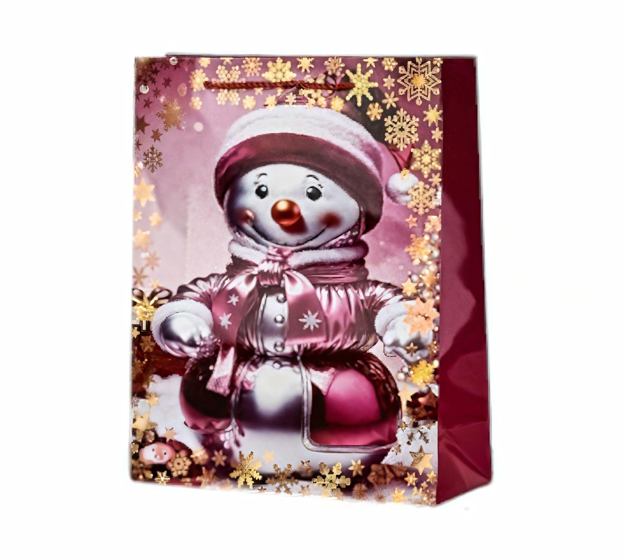 Подарочный пакет Stenson Snowman с ручками 26х32х10 см Розовый (R33006-M)