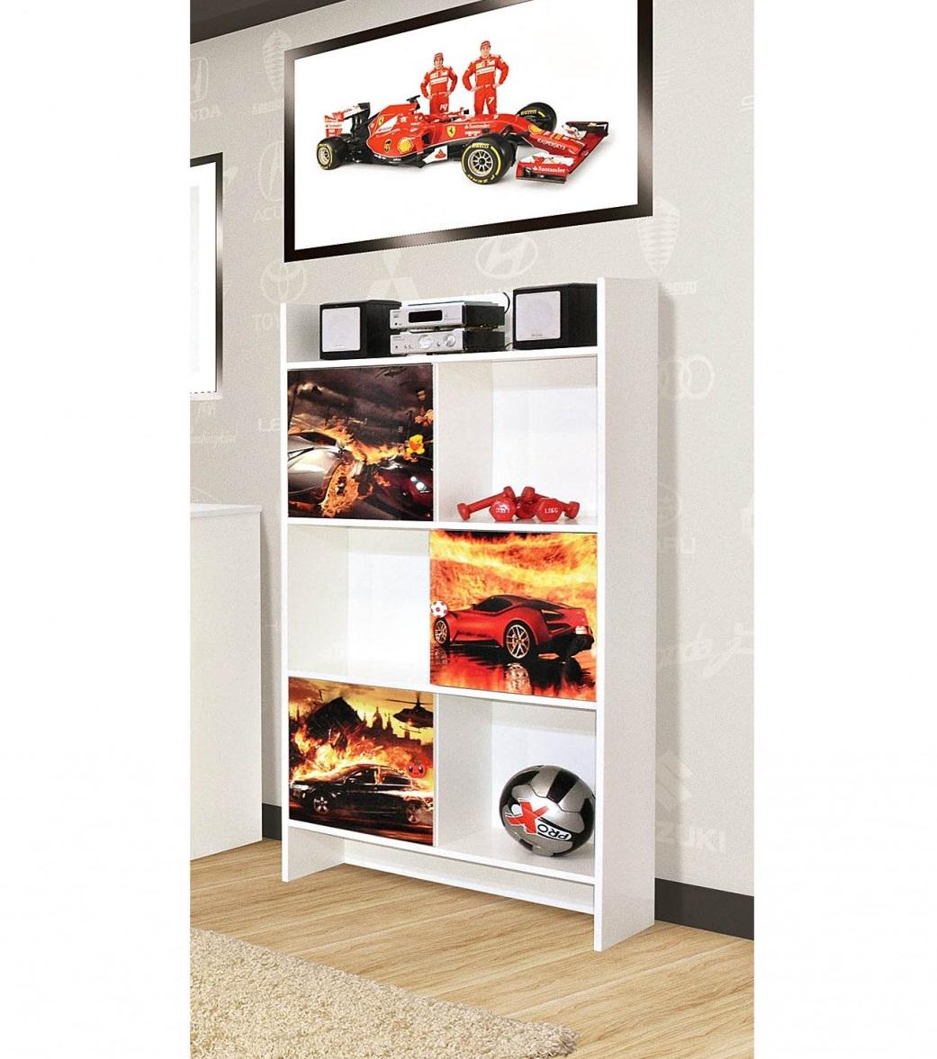 Шкаф книжный Світ Меблів Мульти Гонки в детскую комнату 800x305x1500 мм с художественной печатью ДСП Белый