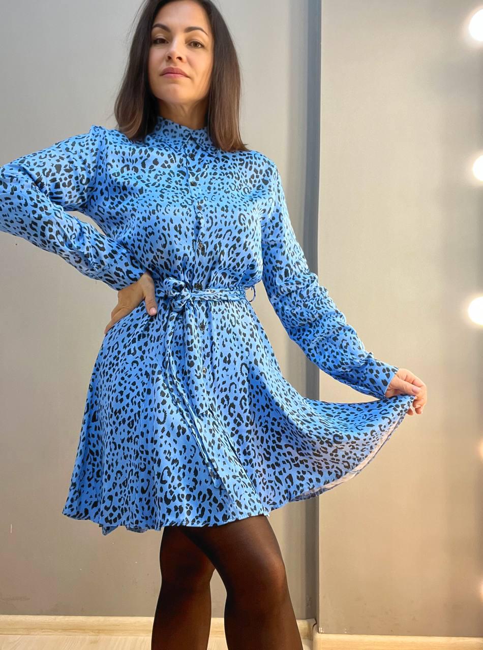 Платье женское MIX RAY 4219 леопардовый принт короткое на пуговицах с поясом S Голубой (1413) - фото 7 Платье женское MIX RAY 4219 леопардовый принт короткое на пуговицах с поясом S Голубой (1413) - фото 7