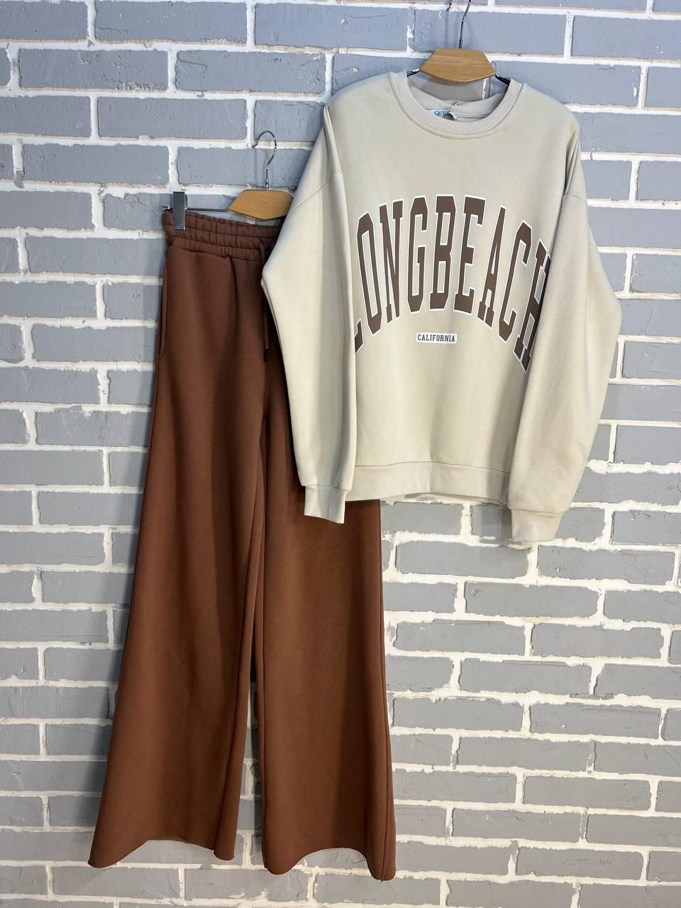 Костюм женский QUZEN 388-488 свитшот брюки палаццо широкие на флисе M Темно-бежевый (2817) - фото 2 Костюм женский QUZEN 388-488 свитшот брюки палаццо широкие на флисе M Темно-бежевый (2817) - фото 2