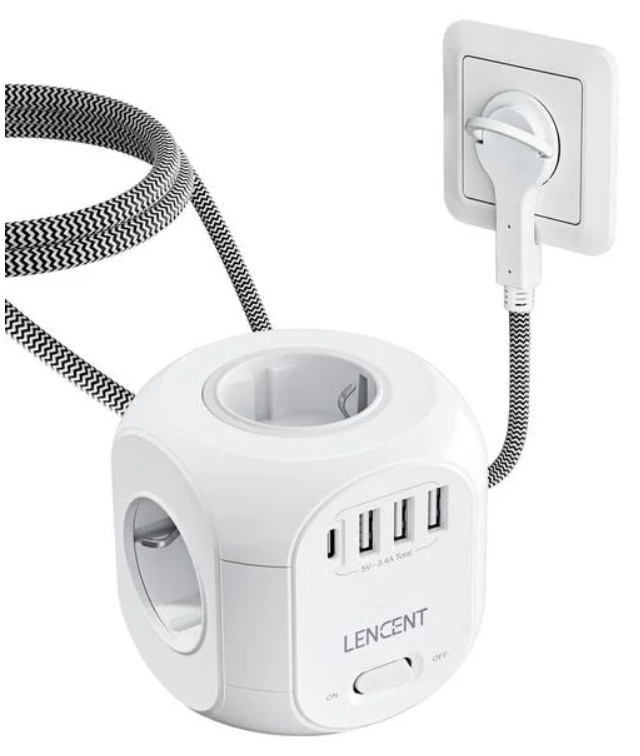 Фильтр разветвитель тройник сетевой Lencent 4EU розетки с выключателем USB-C/3USB-A/кабель плоский штекер 2500W/10A 2 м Белый Фильтр разветвитель тройник сетевой Lencent 4EU розетки с выключателем USB-C/3USB-A/кабель плоский штекер 2500W/10A 2 м Белый