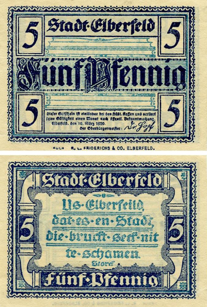Коллекционная банкнота Германия Нотгельд 5 пфеннигов 1920 F-VF Эльберфельд Разновидность 1 (Б18400)