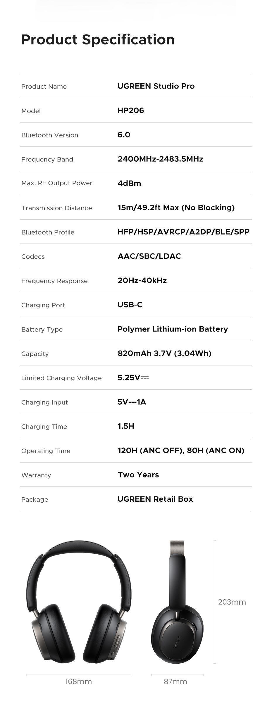 Навушники бездротові Ugreen Studio Pro ANC 48 дБ Hi-Res Audio LDAC до 120 годин (29516818) - фото 10 Навушники бездротові Ugreen Studio Pro ANC 48 дБ Hi-Res Audio LDAC до 120 годин (29516818) - фото 10