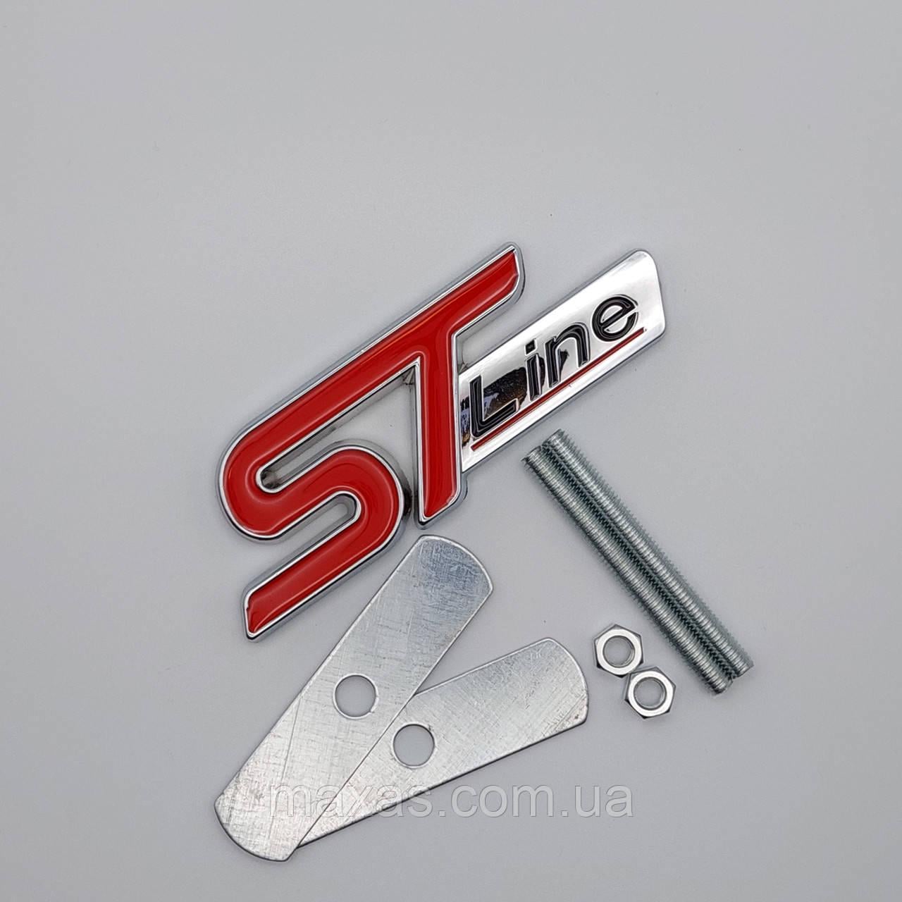 Эмблема ST Line на радиаторной решетке Ford металл 9х3 см Хром/Красный глянцевый (1725151108)