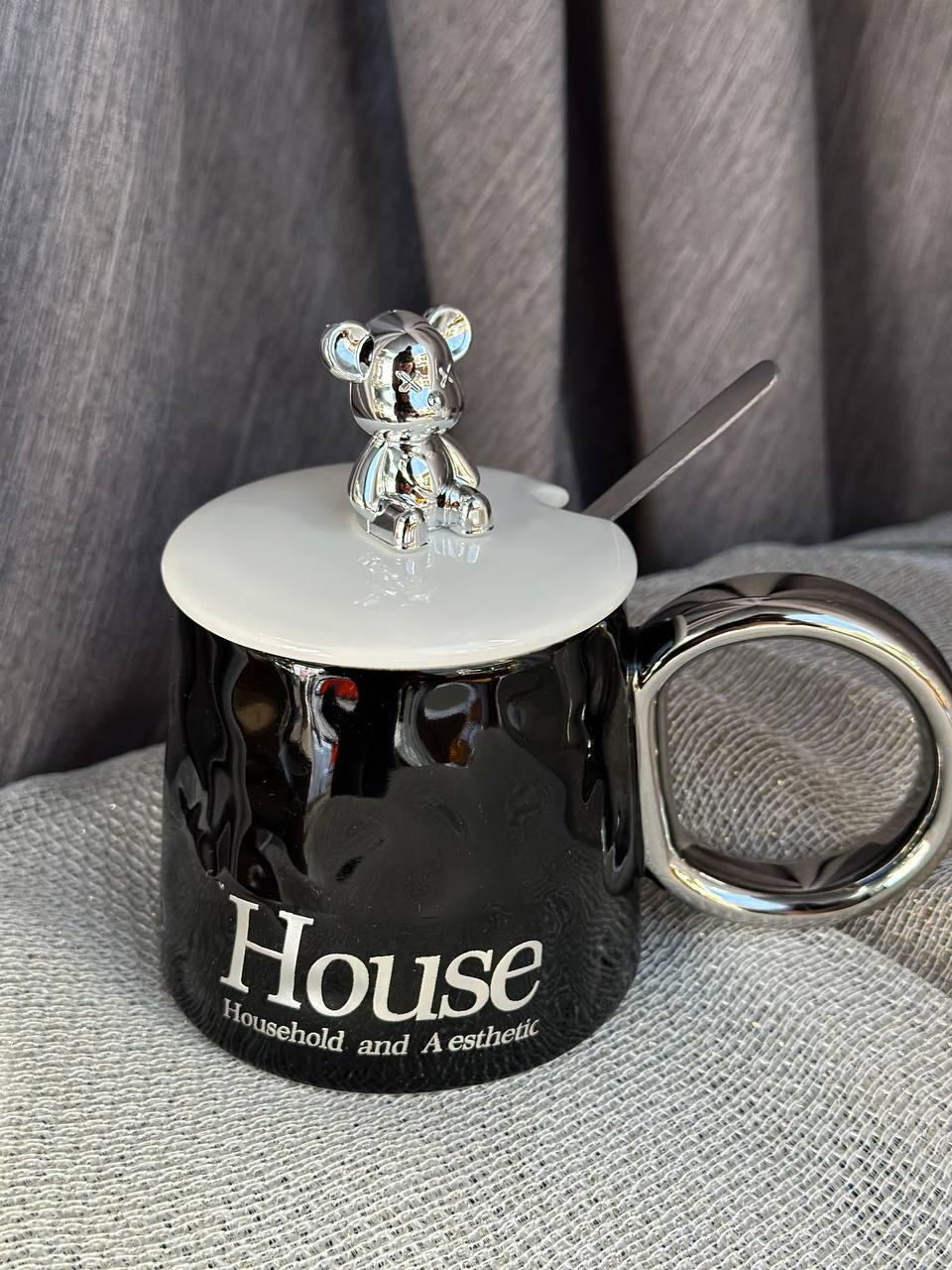 Чашка Мишка House с крышкой и ложкой керамика 350 мл Черный